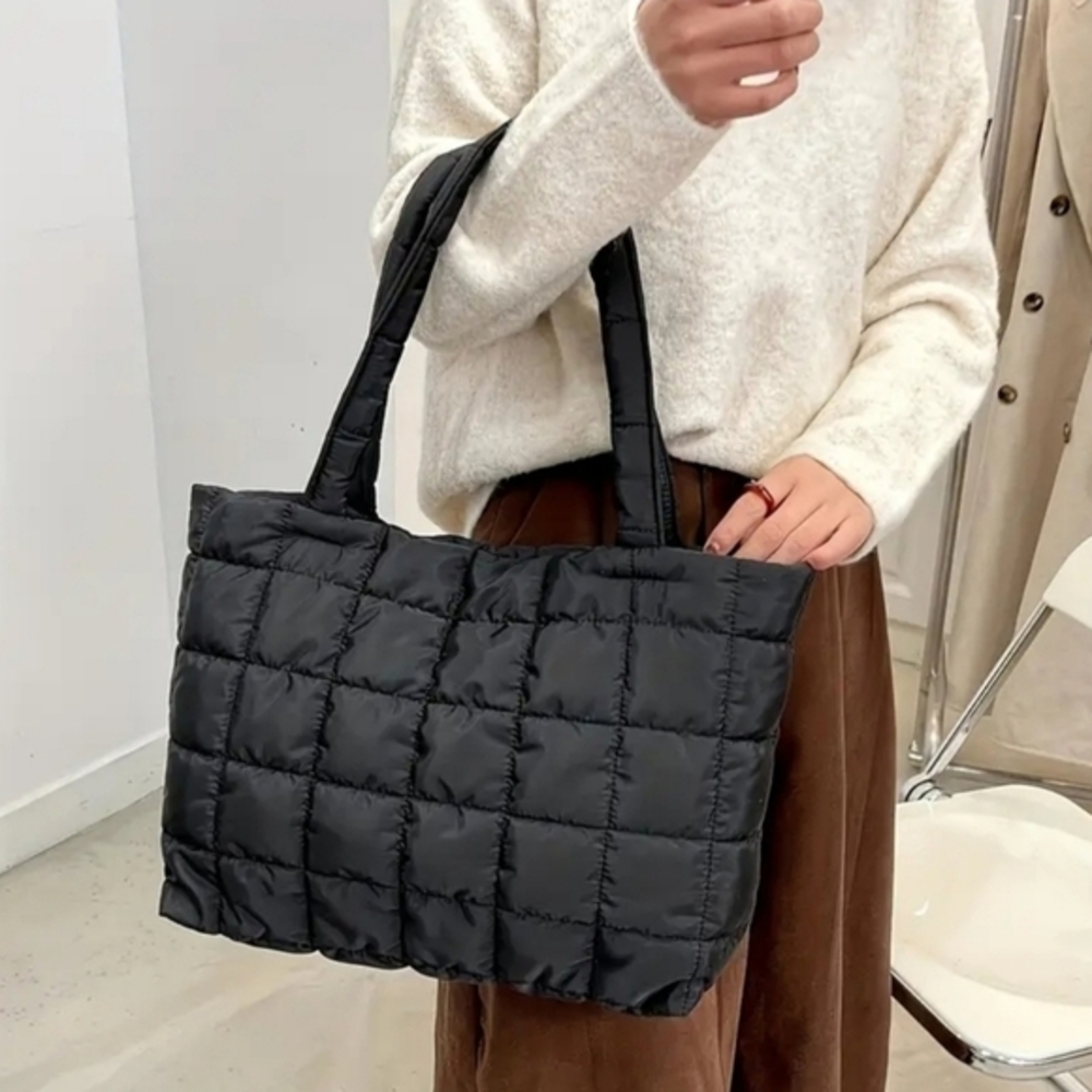 NEW Black Quilted Nylon Shoulder Zippered Tote Bag Accessories - Picture 2 of 4